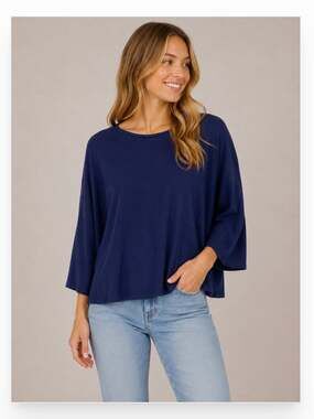 LABO.ART Shirt Womens Small Blue Linen Blend Boat Neck 3/4 Sleeve Jersey Tee Top